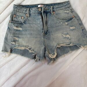 Distressed Blue Jean Shorts with Raw Hem